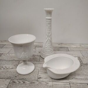 Bundled Trio of Milk Glass includes Vase, Goblet, Creamer to Curate a Vignette